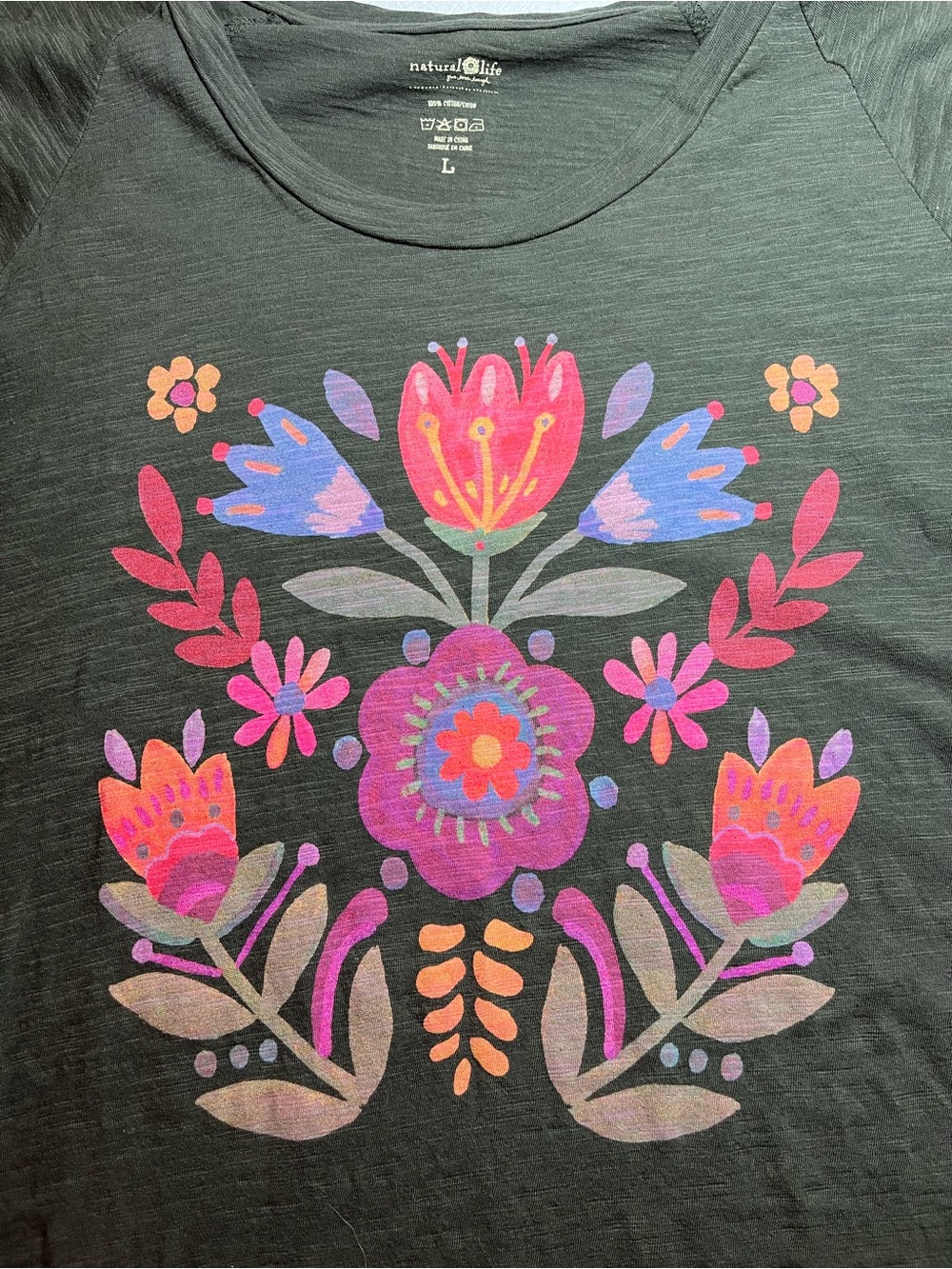 NATURAL LIFE Gray-Brown Long Sleeve Tee with Multicolor Floral Graphic - Picture 4 of 4